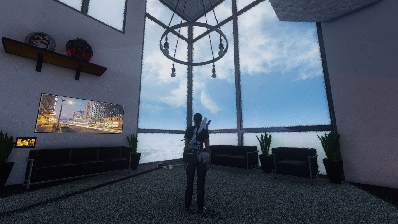 Mansion interior with large windows showing cloudy skybox