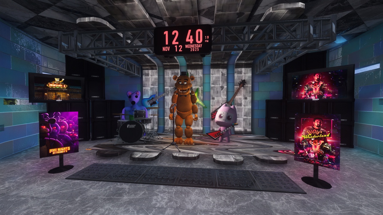 FNAF-style band rehearsal room with instruments and screens