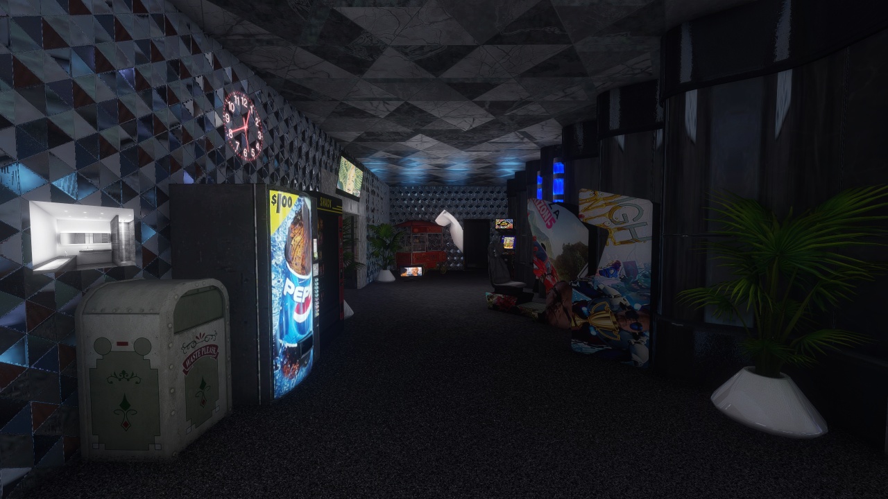 Movie theater style hallway with concession stands and games
