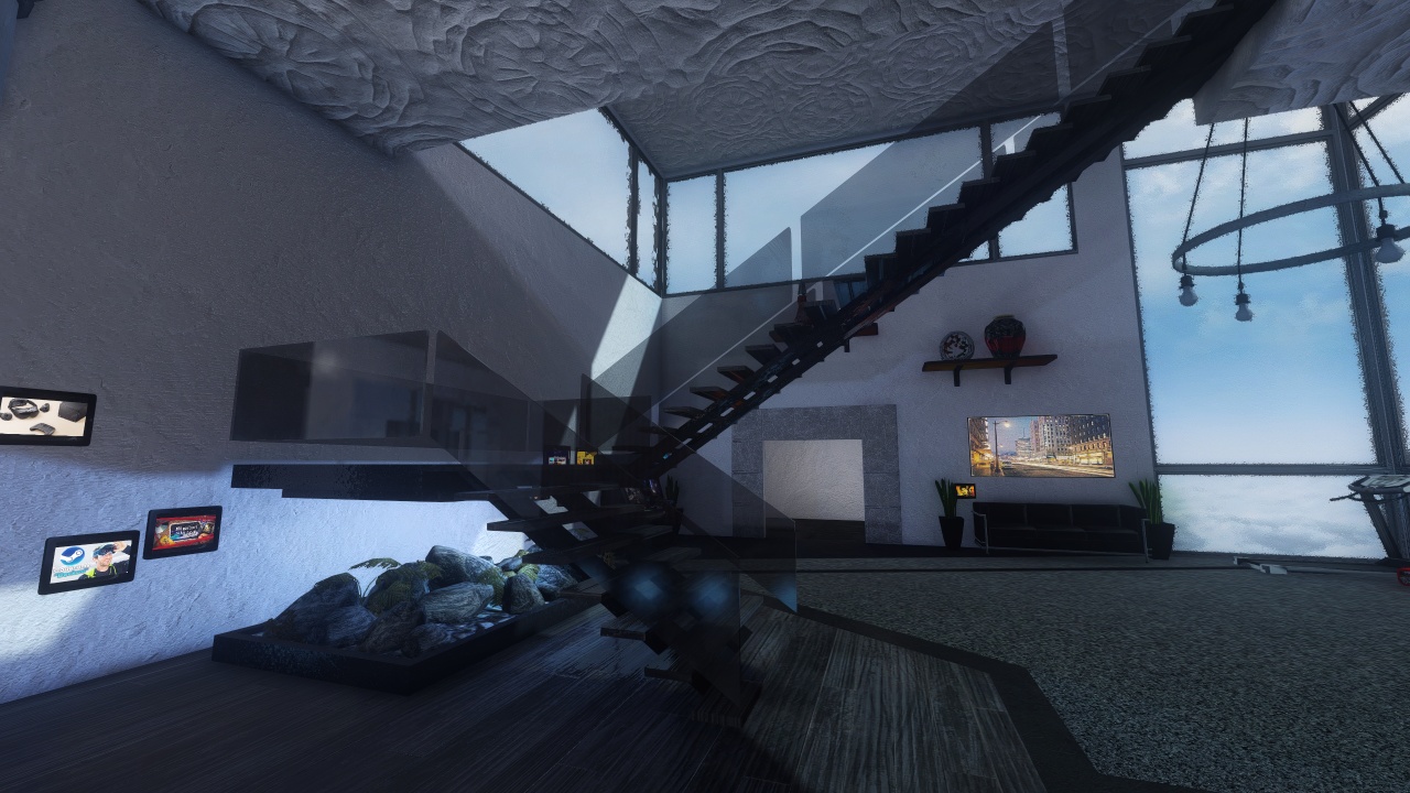 Modern suspended stairway with glass panels and rock garden