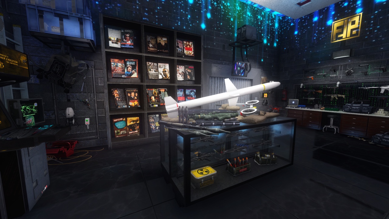 Arsenal room showing rocket launcher and action movie DVD collection
