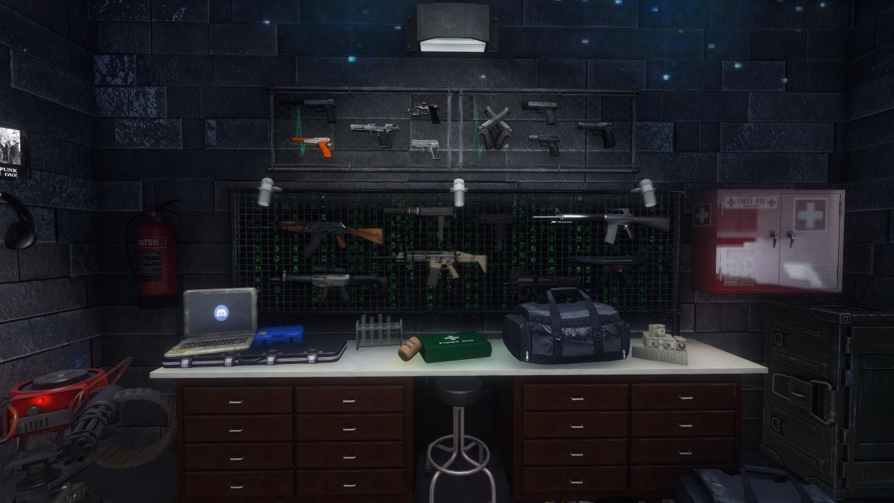 Wall display of various video game weapons including Nintendo Zapper