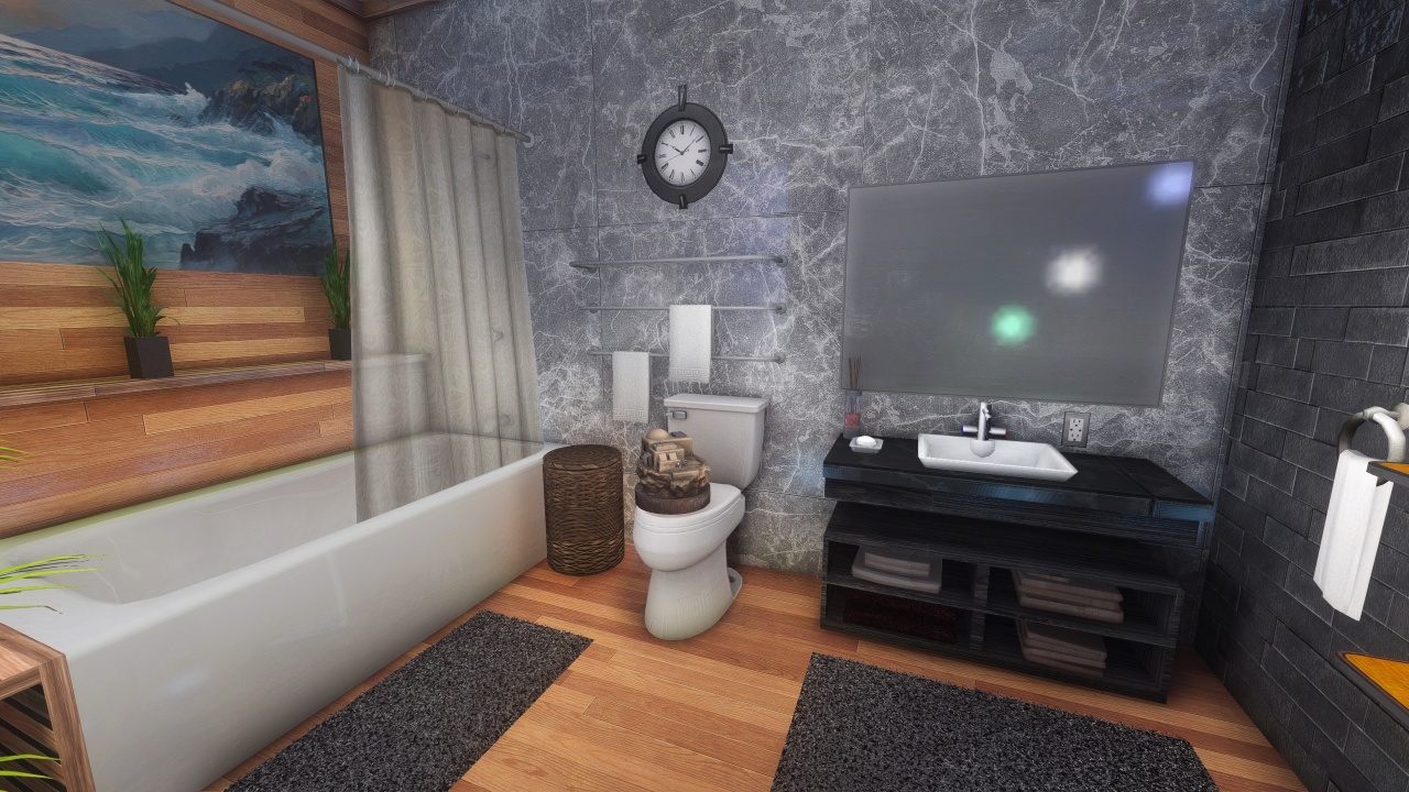 Luxury bathroom with cozy rugs and modern fixtures