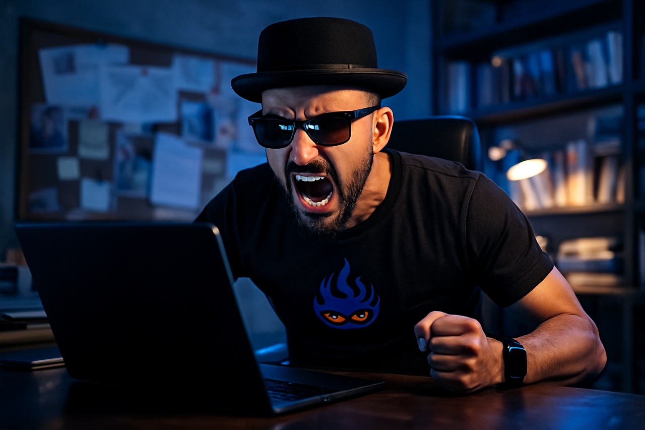 Gnarly yelling at screen in fury, wearing signature hat and shades
