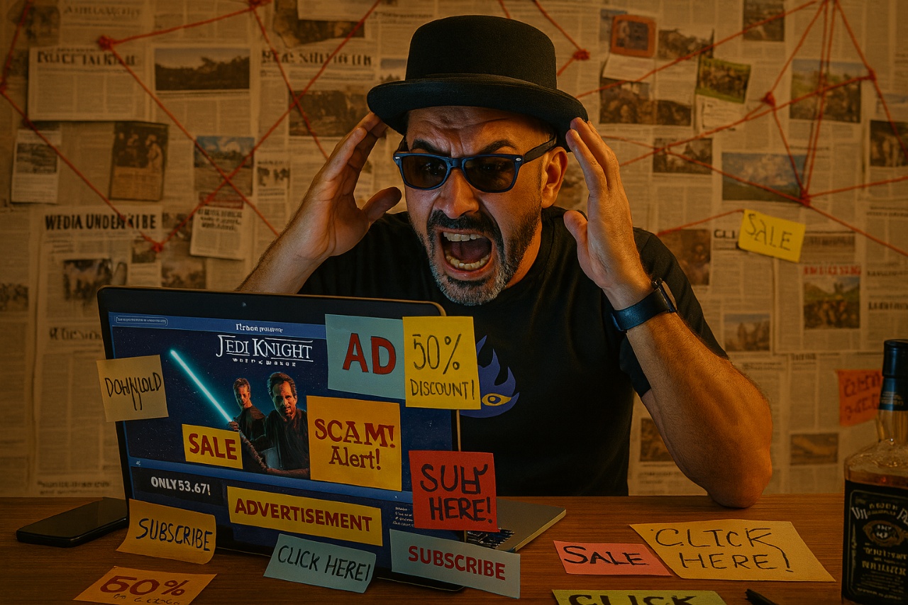 Gnarly looking pissed off at laptop, annoyed by too many ads