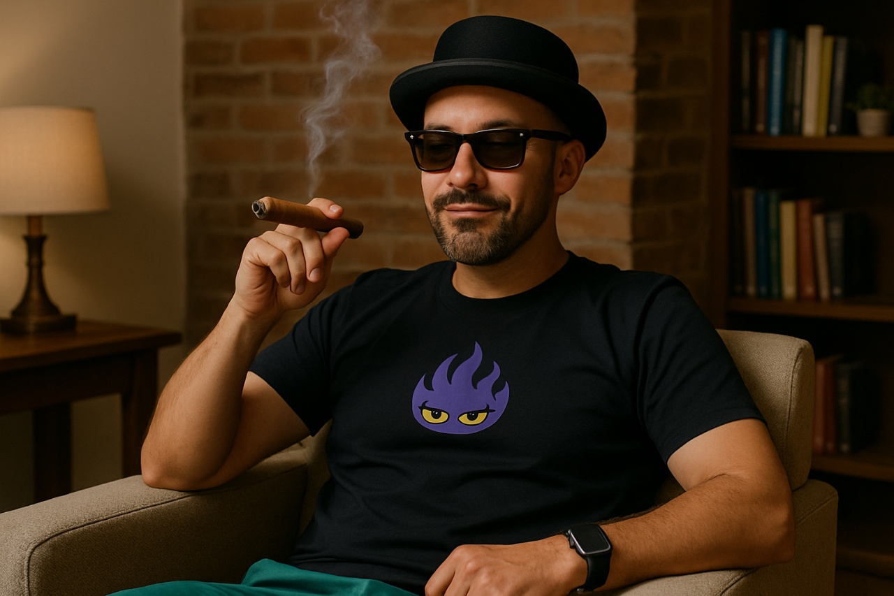 Gnarly smoking cigar in chair, wearing top hat and shades