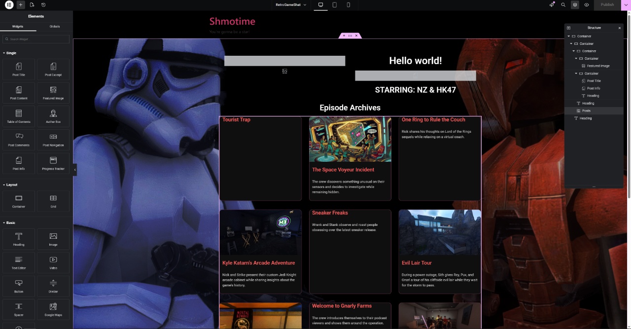 Building the custom show page in Elementor