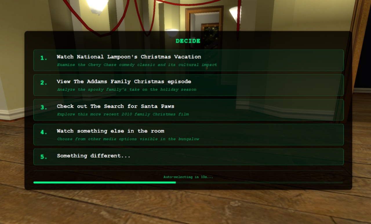 RPG-style decision menu with numbered choices and auto-selection timer