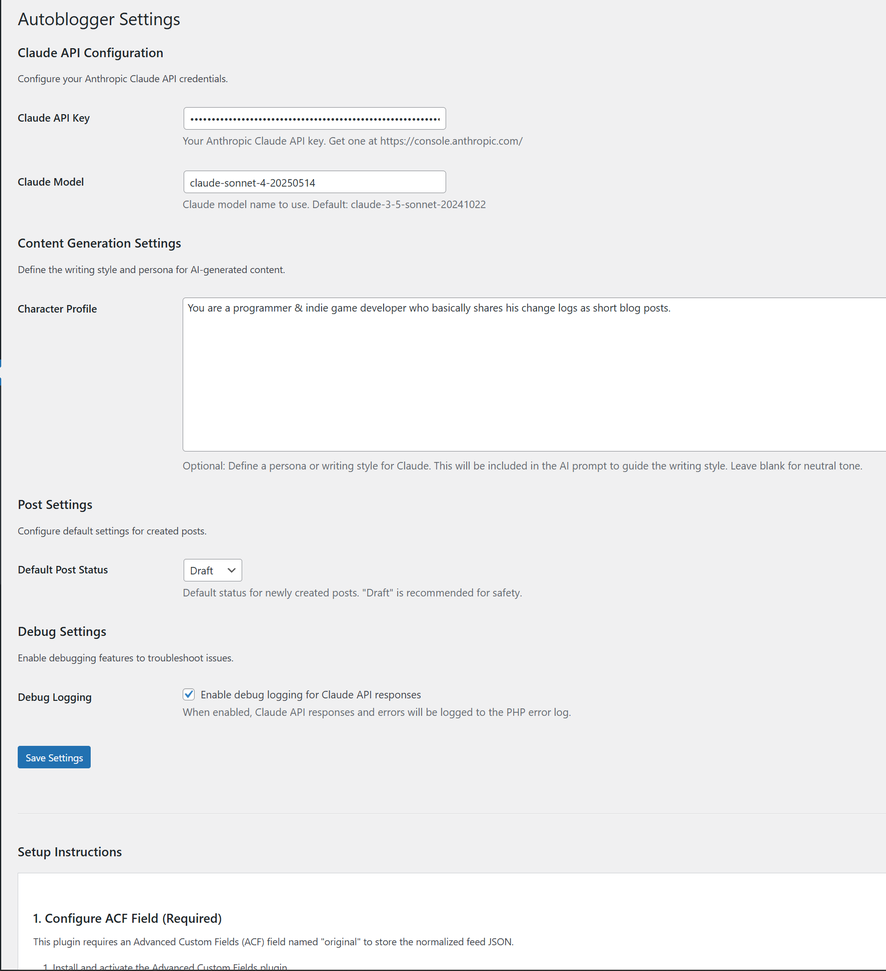 Autoblogger WordPress plugin settings page