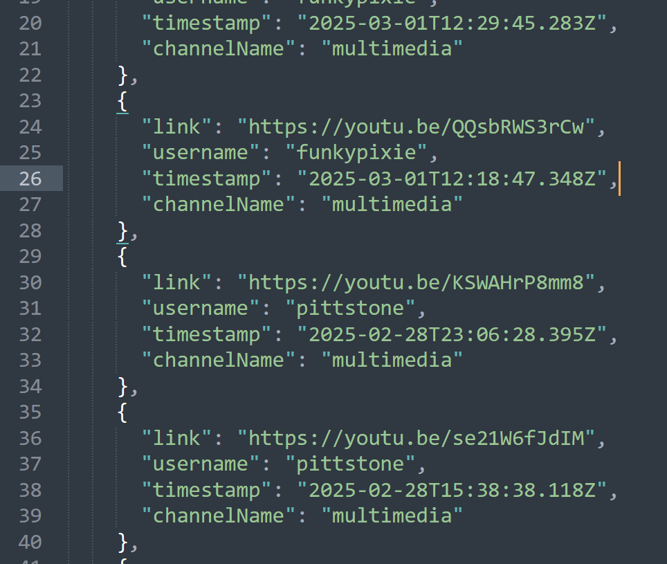Screenshot of JSON structure for YouTube videos scraped from Discord
