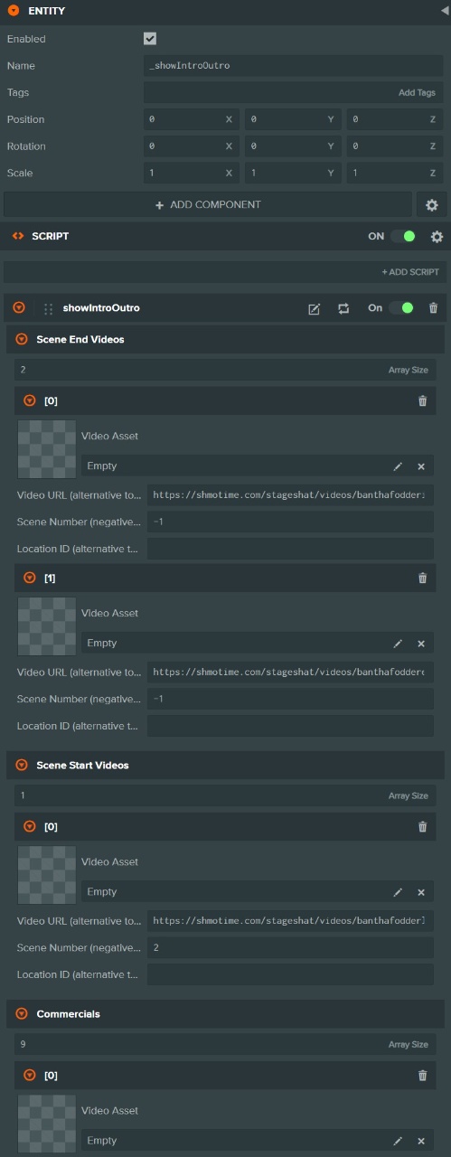 PlayCanvas script showing intro/outro video controller with commercial probability settings