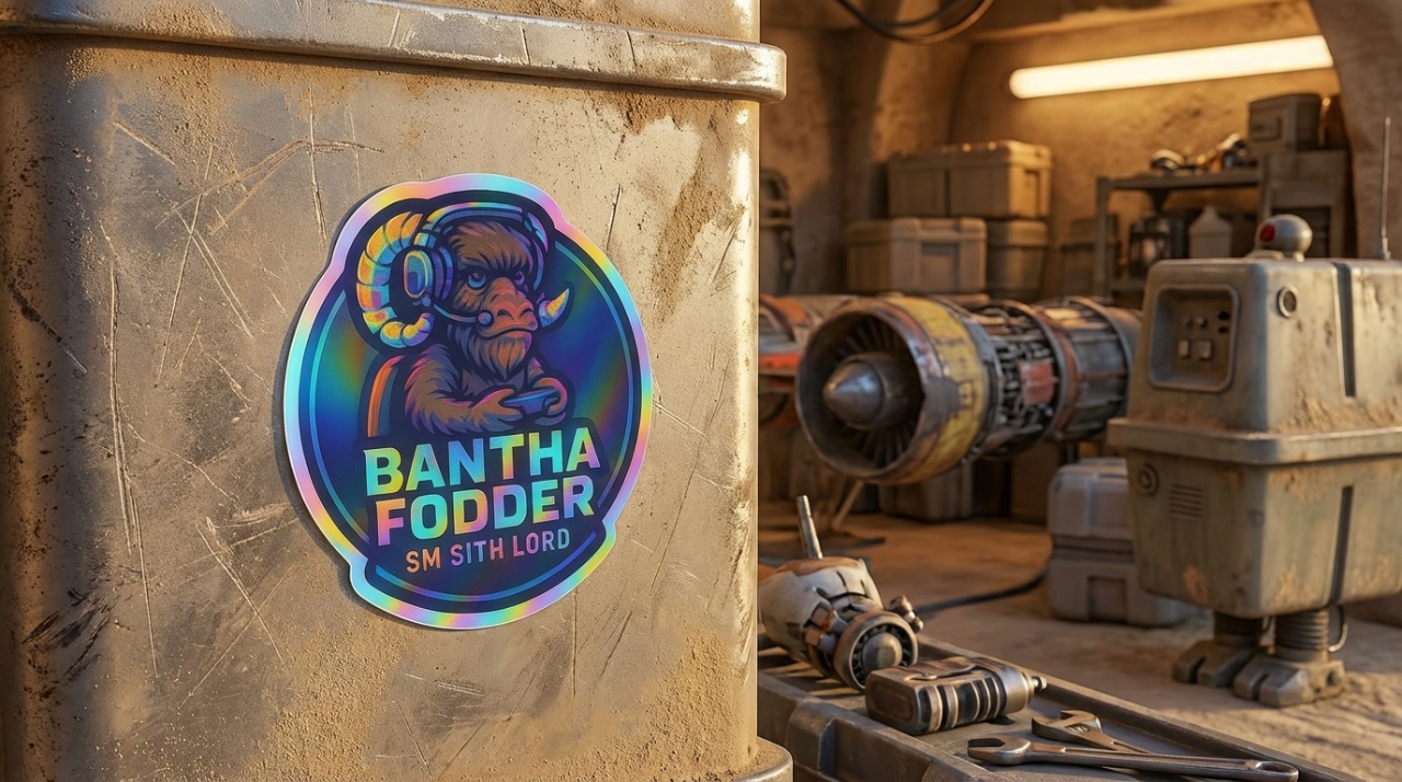 Bantha Fodder sticker placed on Tatooine wall with podracer engine and droid in background