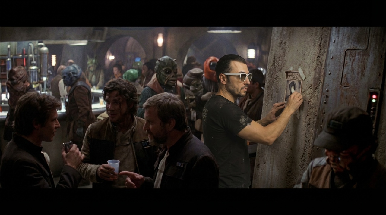 SM Sith Lord placing Bantha Fodder sticker in Star Wars cantina scene
