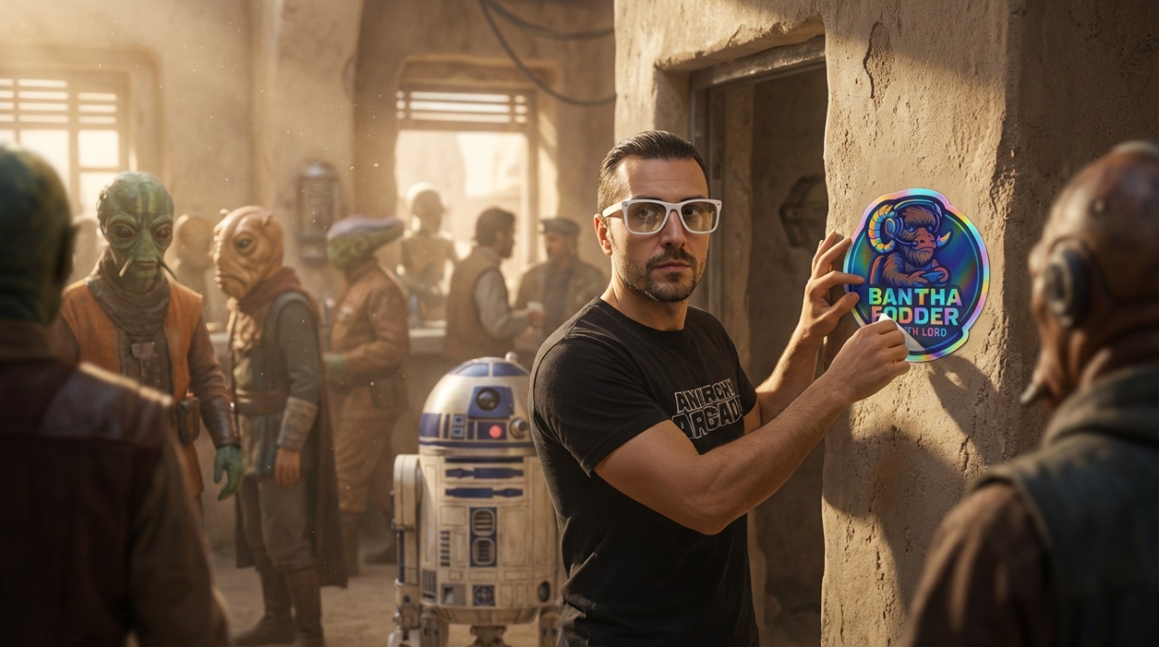 SM Sith Lord on Tatooine with R2D2, placing sticker on set