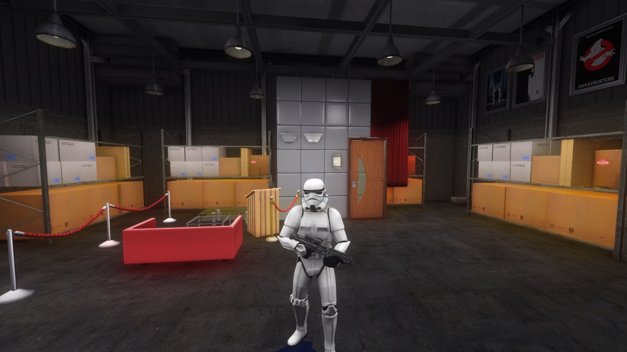 Storage room with unused props, furniture, and grid walls for alignment