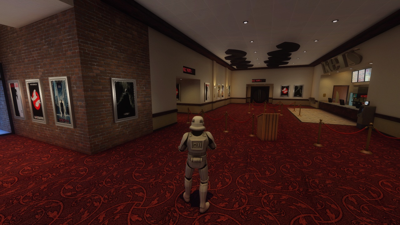 Movie theater map overview showing red floors, beige walls, and initial layout