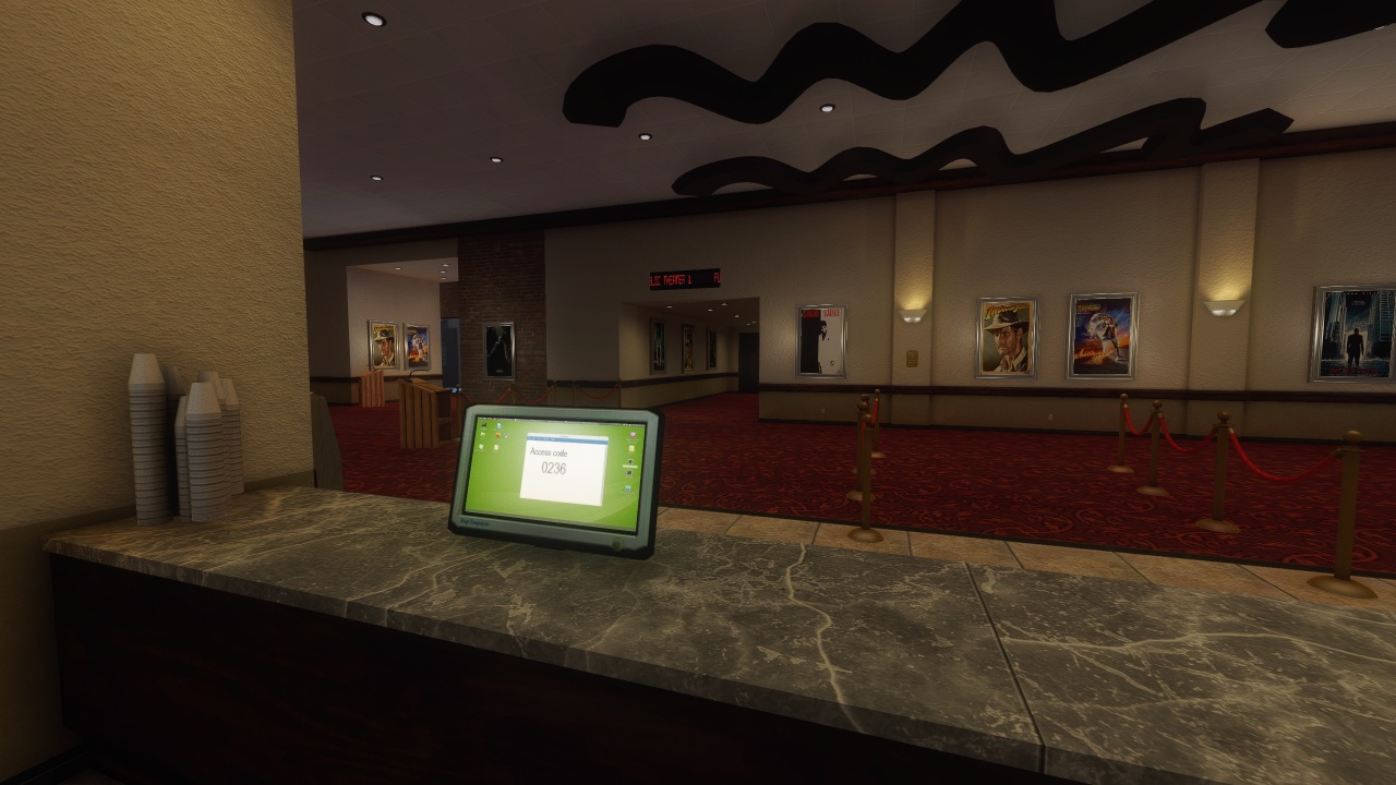 View from employee section looking out at customer area with different kiosk designs