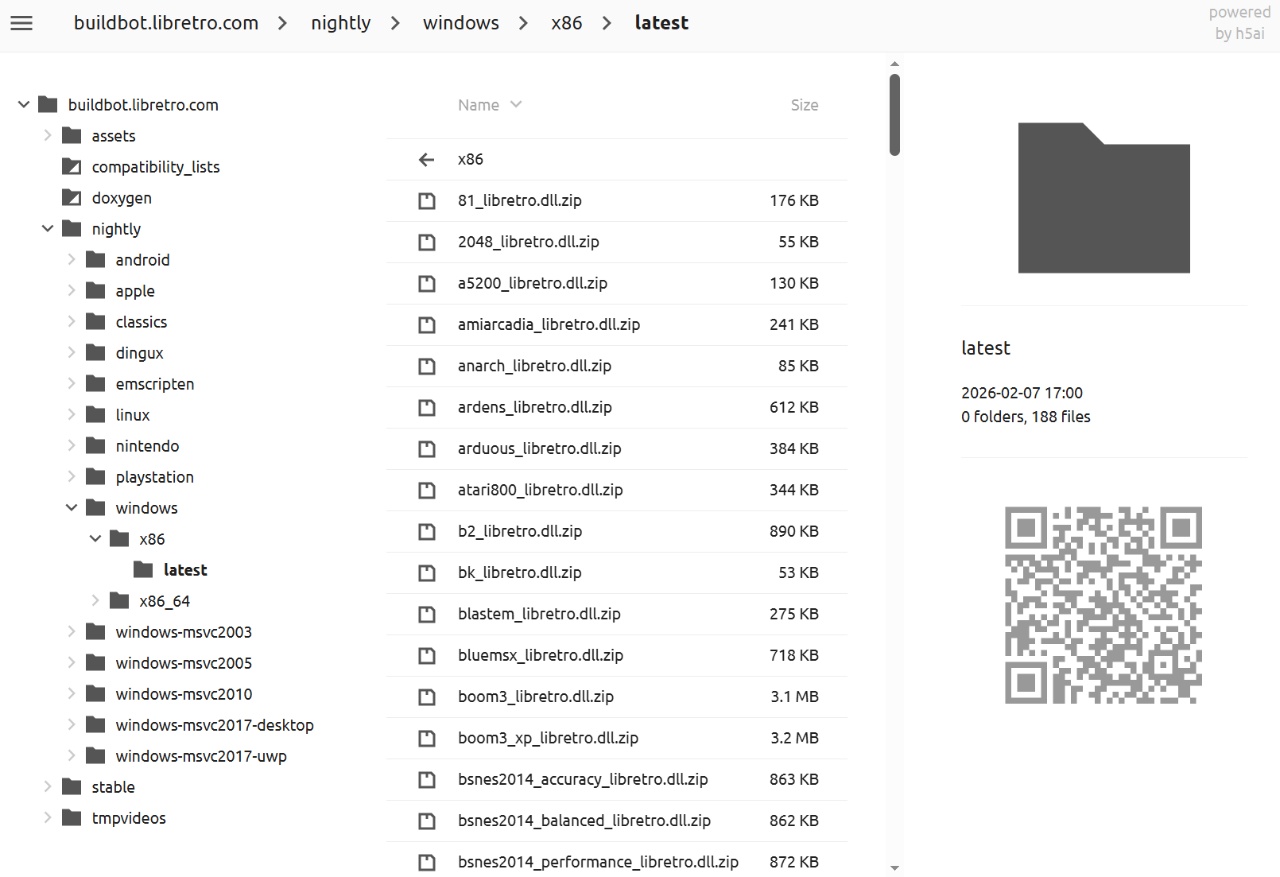 Libretro buildbot page showing available cores
