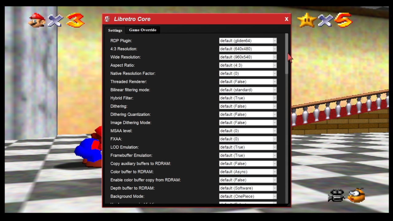 Core options menu generated dynamically by Mupen64 core