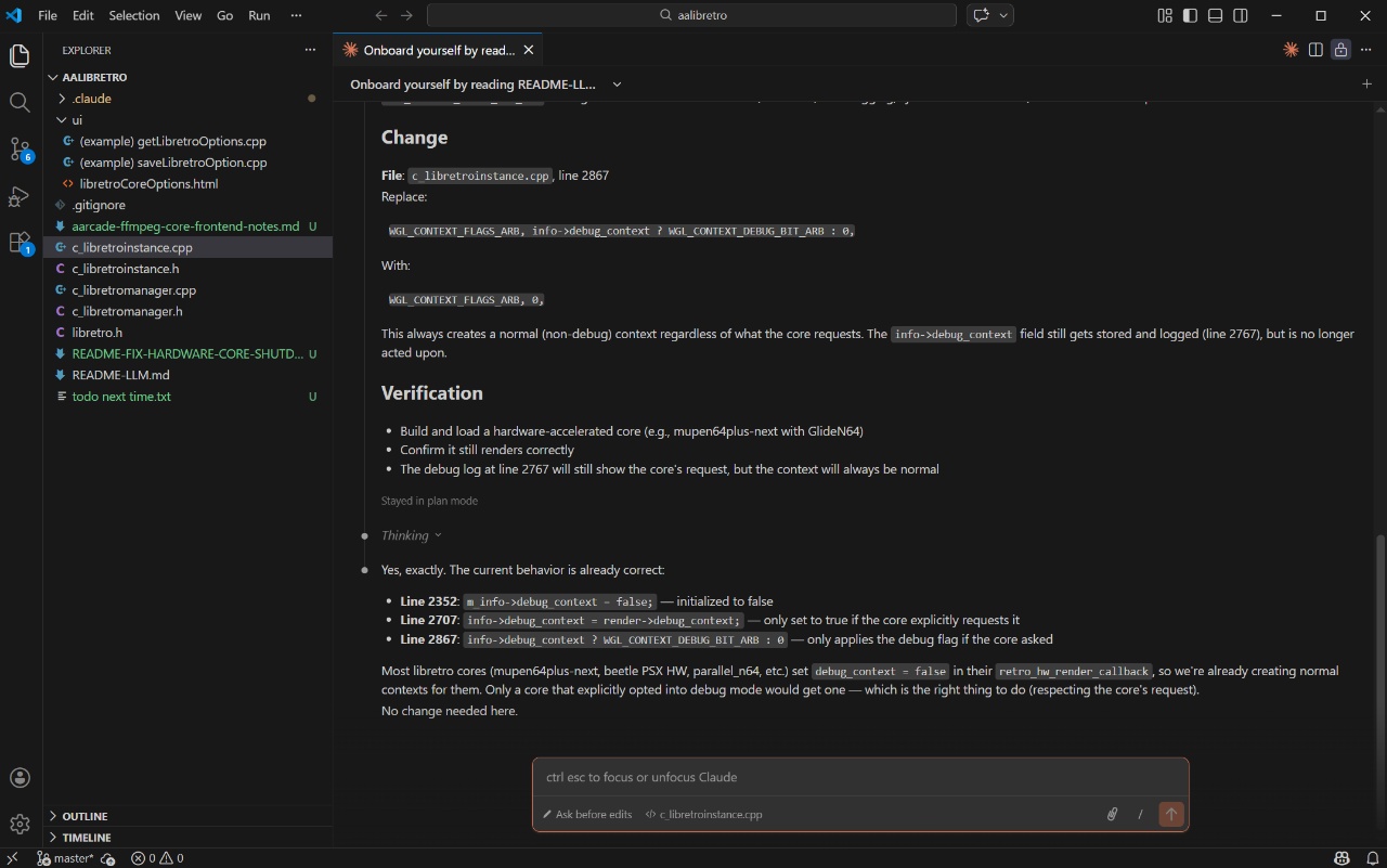 VS Code interface with Claude Code plugin working on libretro implementation