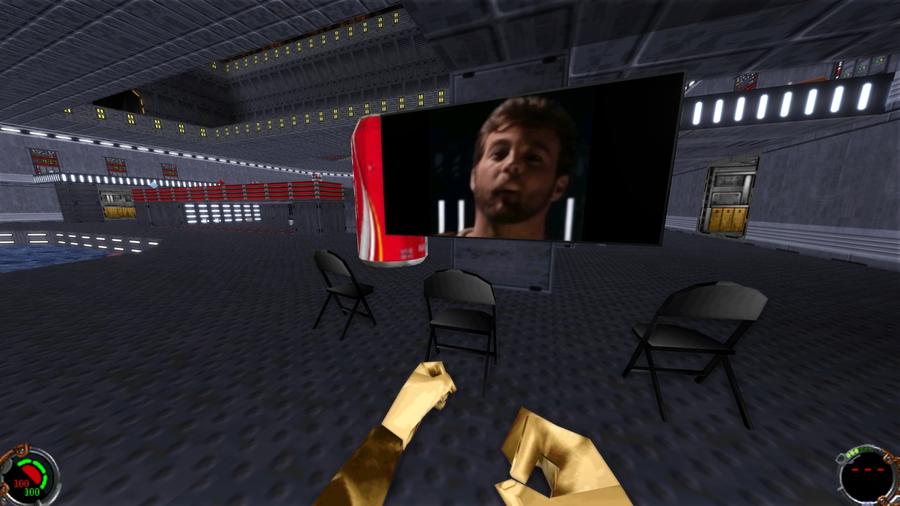 Chairs in Tranques of Rina watching a Kyle Katarn meme video on the wall