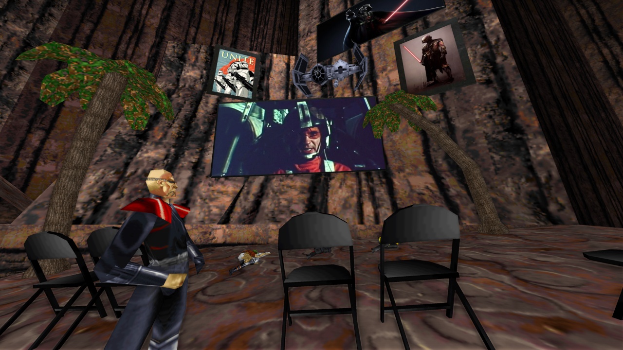 Jerec character standing in Battleground Jedi watching Star Wars on the wall with palm trees and chairs