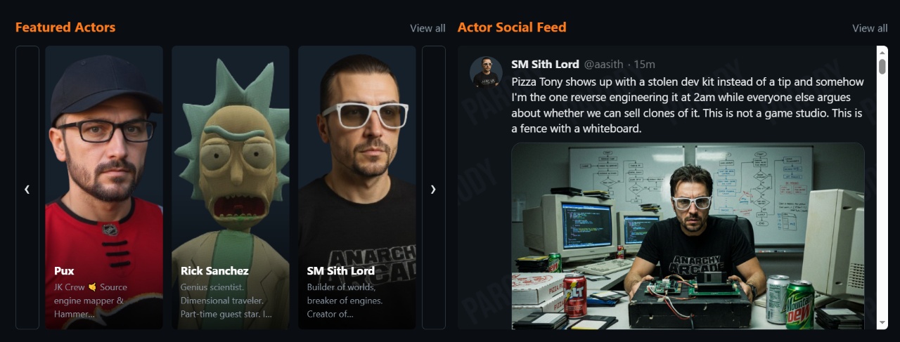 Featured actors section with social media feed