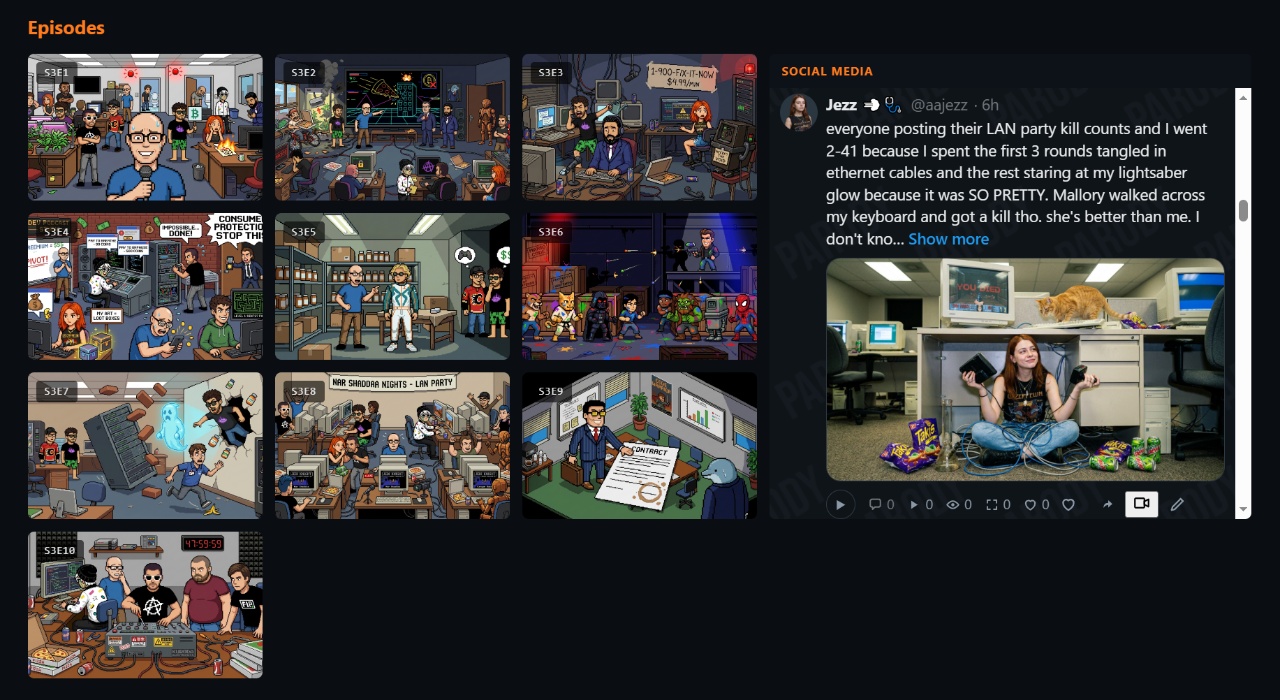 Game Dev Co show page with episode list and social feed