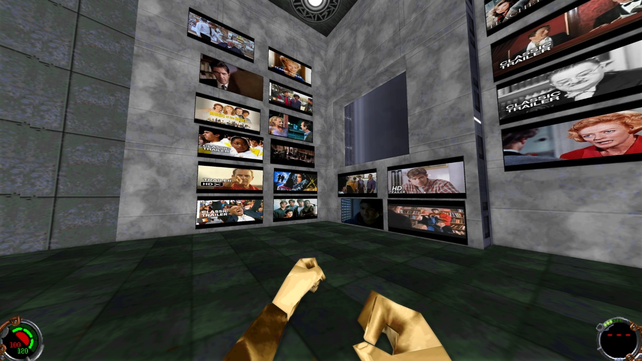 Screenshot of lots of school-related movie trailers spawned into Jedi Highschool in OpenJKDF2