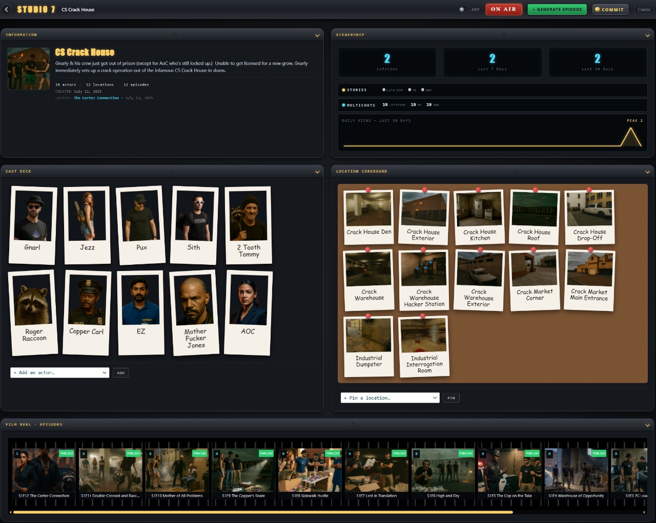 Studio panel with character cards that can be flipped to show notes