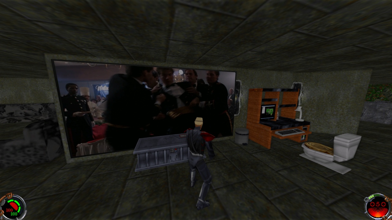 Screenshot of watching a movie on an in-game screen in Club OC with toilet and desk props
